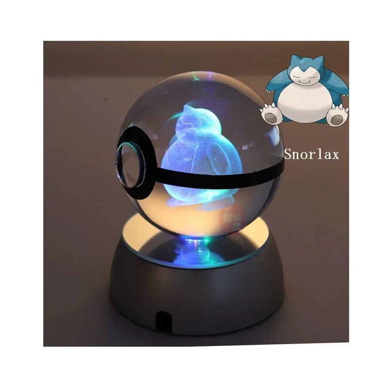 Anime Pokemon 3D Crystal Ball Snorlax Figure Pokeball Engraving Crystal Charizard Model with LED Light Base Kids Gift ANIME GIFT