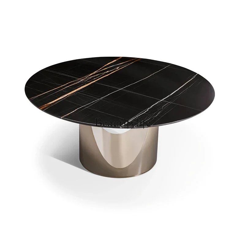 

*Light luxury black gold marble round dining table modern simple model room oval dining table