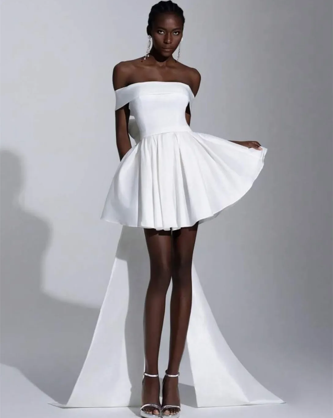 

Customized Short Satin Evening Dresses with Bow A-Line Boat Neck Pleated فساتين سهرة Prom Dress for Women