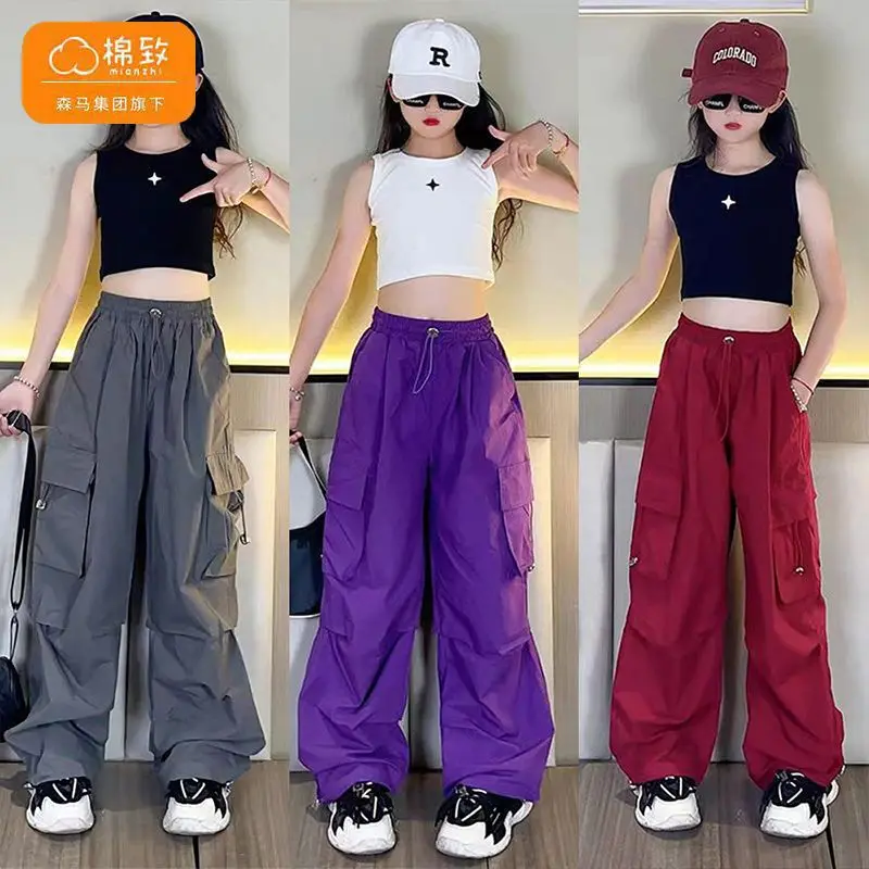 5-14Years Girls Dance Pants Kids Hip Hop Joggers Pant Straight Trousers High Waist Vintage Casual Teenage Streetwear Baggy Pant