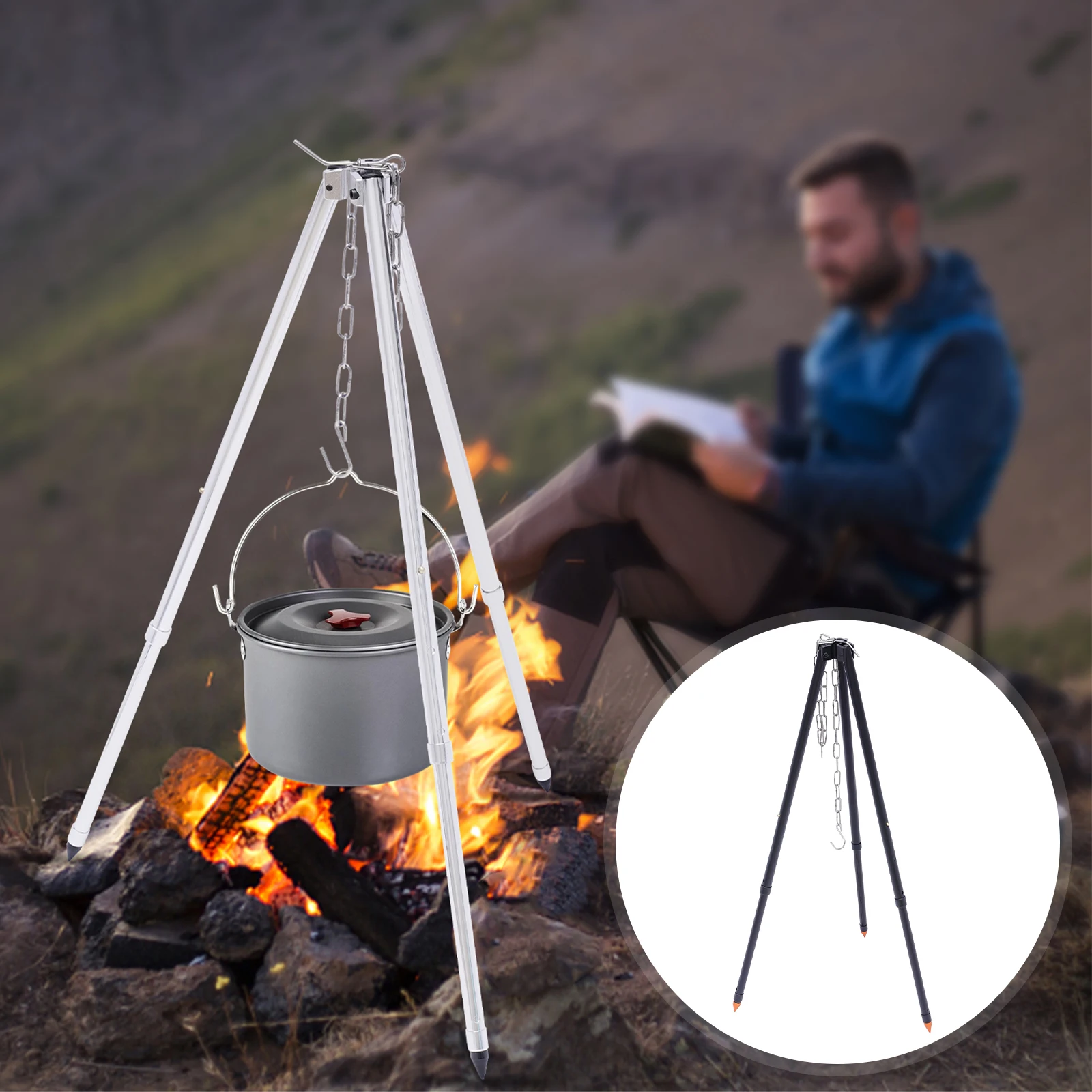 Camping Grill Cooking Equipment BBQ Tripod Lantern Tripod Ring Hook Hanging Pot Outdoor with Storage Bag for Outdoor Activities