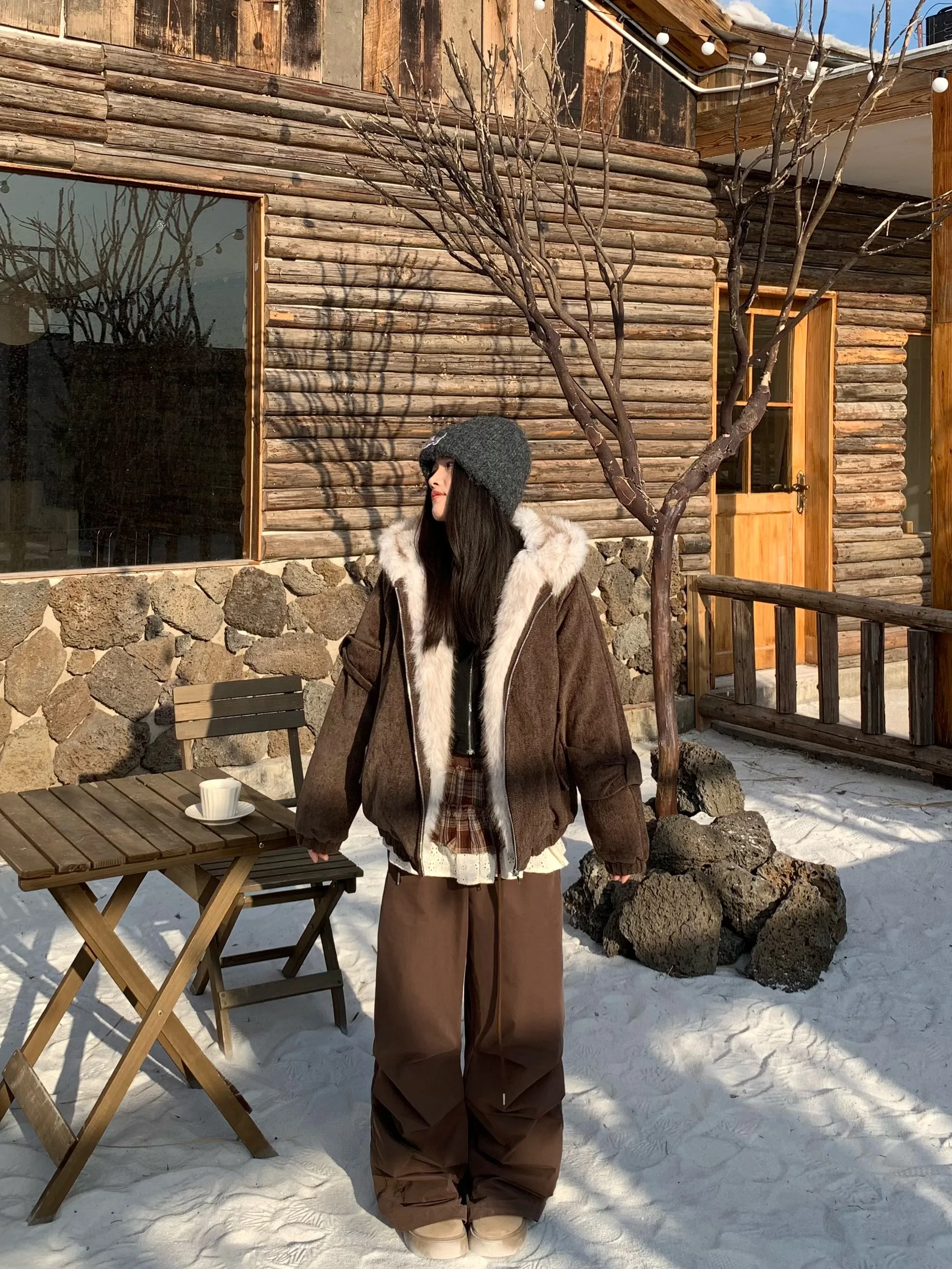 

Женская зимняя теплая хлопковая куртка ABone в американском ретро-стиле с капюшоном и узлом, верхняя одежда