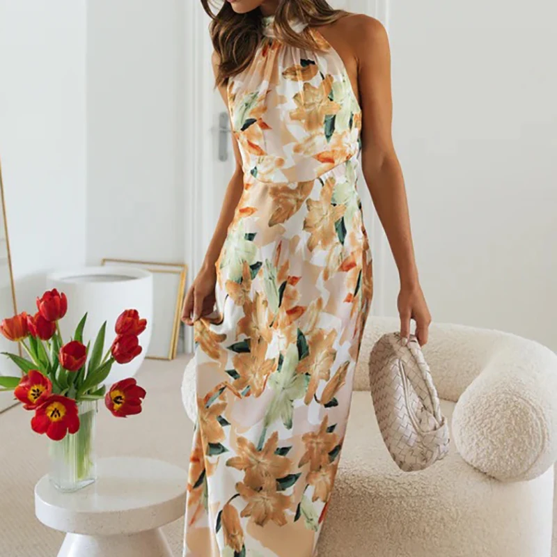Vestido largo con estampado de flores para mujer, vestido elegante sin mangas de cintura alta, vestidos de fiesta Bohe, vestido Sexy ajustado con cordones y cuello Halter para vacaciones