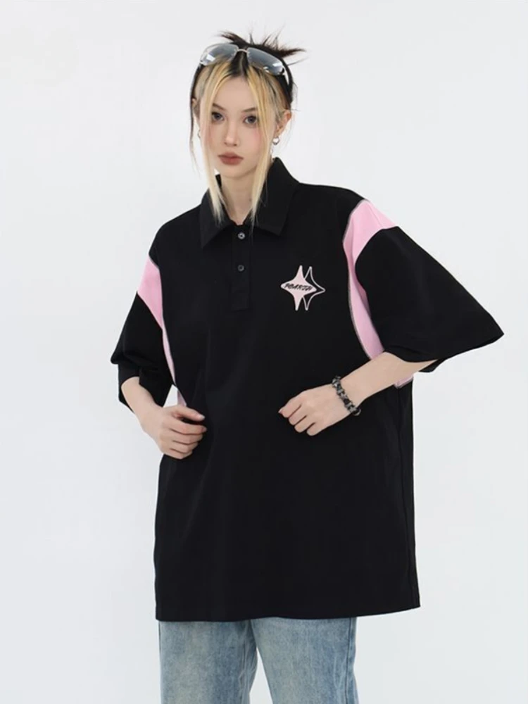 ADAgirl Y2k Letter Print Oversized T Shirt Patchwork Streetwear Korean Fashion Hippie Pink Black Short Sleeve Women Clothing New