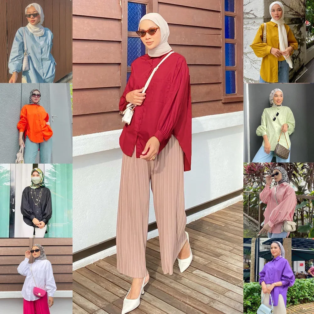 

Turkish Blouses Isamic Clothing Muslim Fashion Tops Women Long Sleeve Work Blouse Casual Buttons Ol Shirt Mujer Femme Musulman