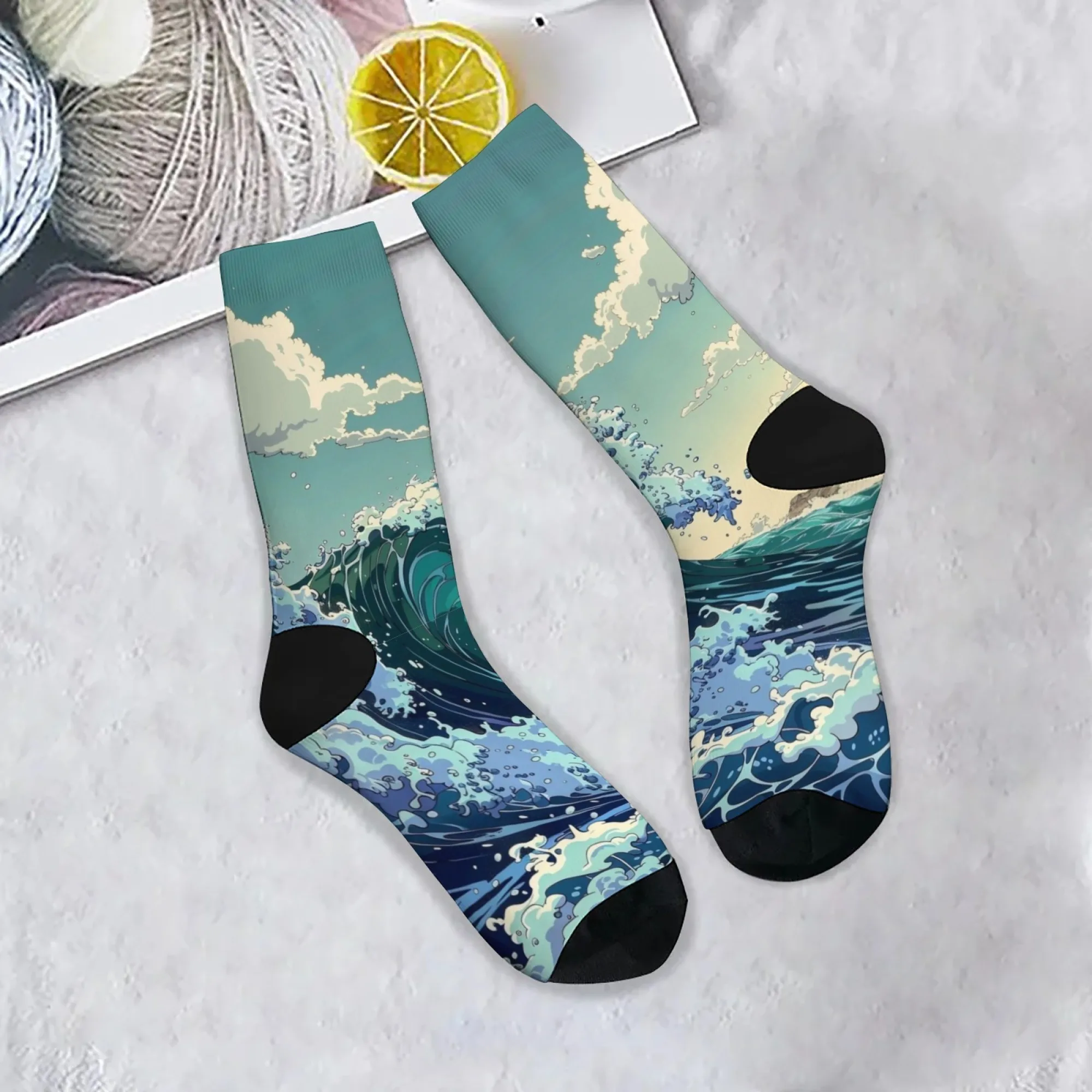 Novelty Harajuku Retro Ocean Wave Print Men's Socks Comfortable Breathable Non-slip Casual Socks Street Hip Hop Crew Socks Gift
