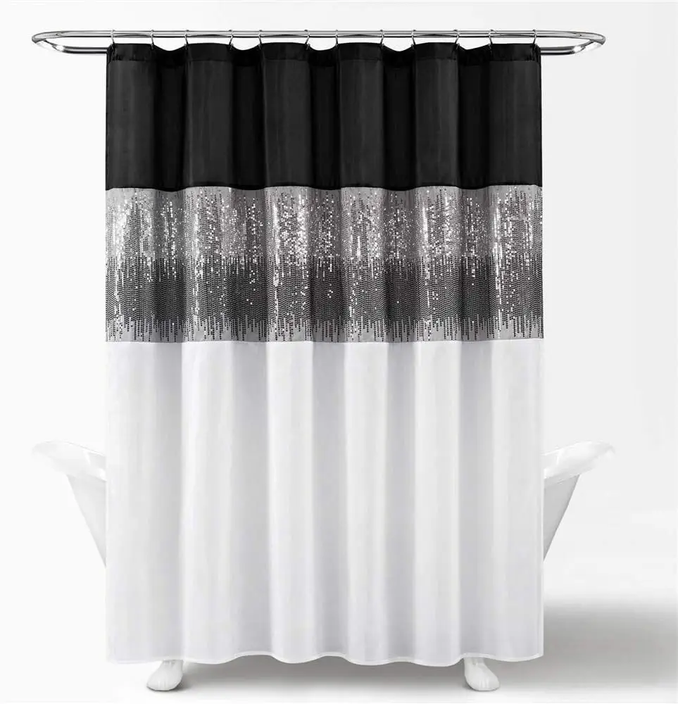 

Sparkly Sequin Shower Curtain, 72x72 Inches, Black & White Color Block for Modern Glam Bathroom Decor