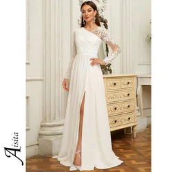 A Line Wedding Dresses Scoop Neck Sequins Leg Slit Bride Dresses Chiffon Lace Wedding Dresses customized Dresses Vestidos