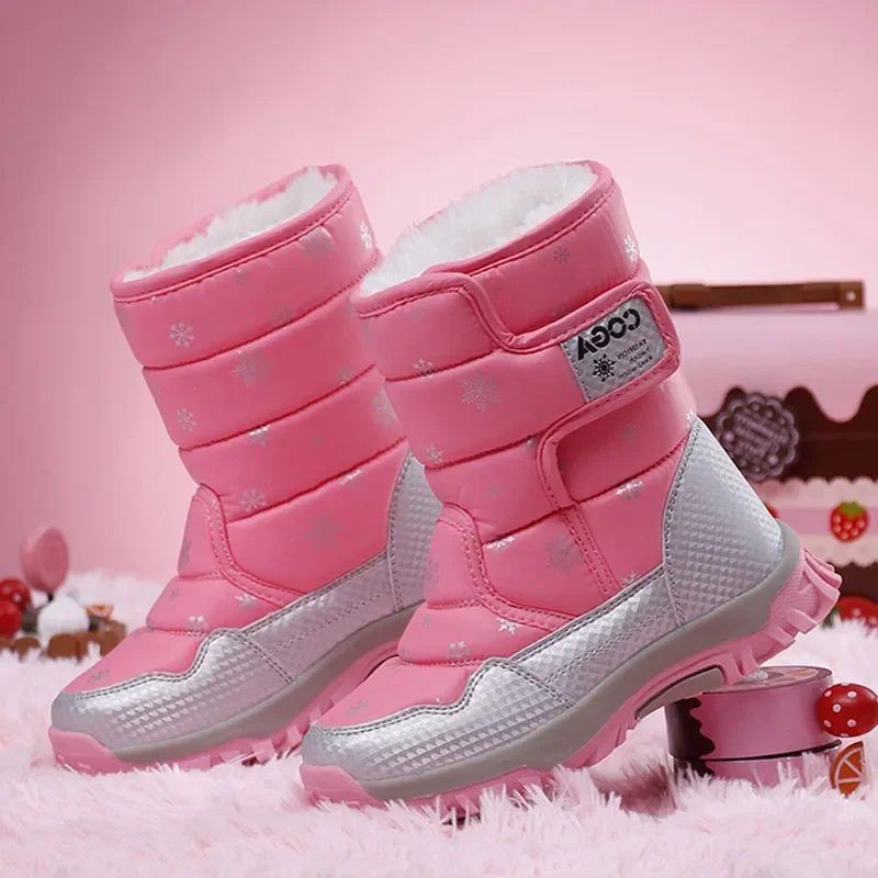 Kids Snow Boots For Girls Winter Warm Shoes With Fur Pink,Black Children Boys Booties  Outdoor Non-slip Sole Size 27-38# BT9905