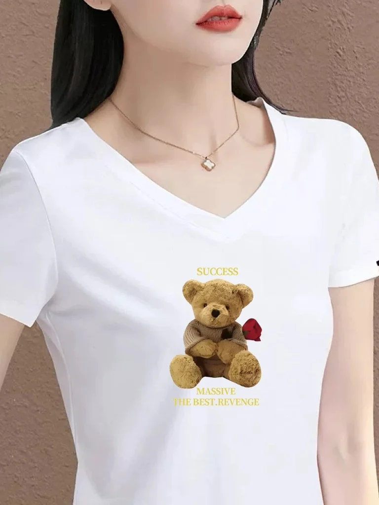 

V-Neck Short Sleeve T-Shirt Women's Brand Bear Print Casual Top White Polyester Fiber Standard Fit Summer Fashion for Middle-...