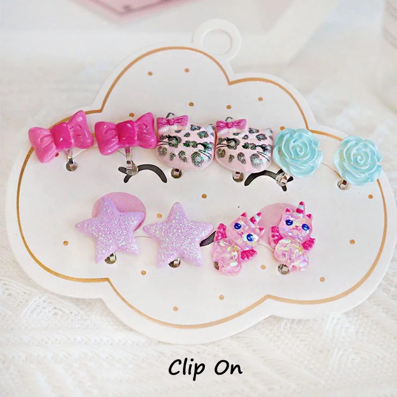 Cute Mermaid Flamingo Resin Earrings Ear Clips on Earrings for Girls Kids 5PRS/SET No Piercing Earring