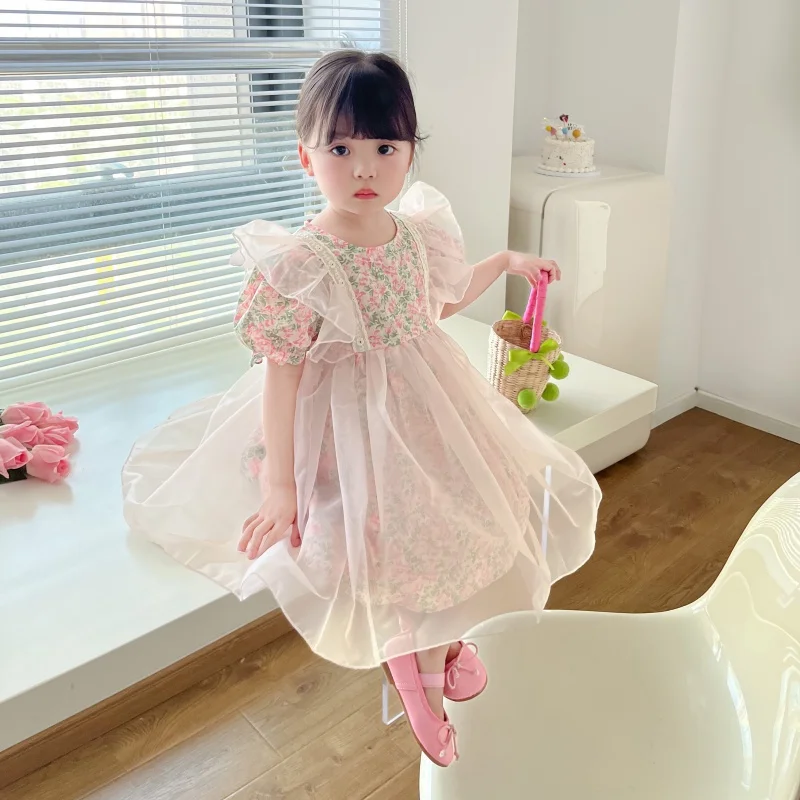 Summer New Girls Princess Dress Floral Bubble Sleeve Dresses Kids Party Wedding Birthday Tutu Gown Children Clothing