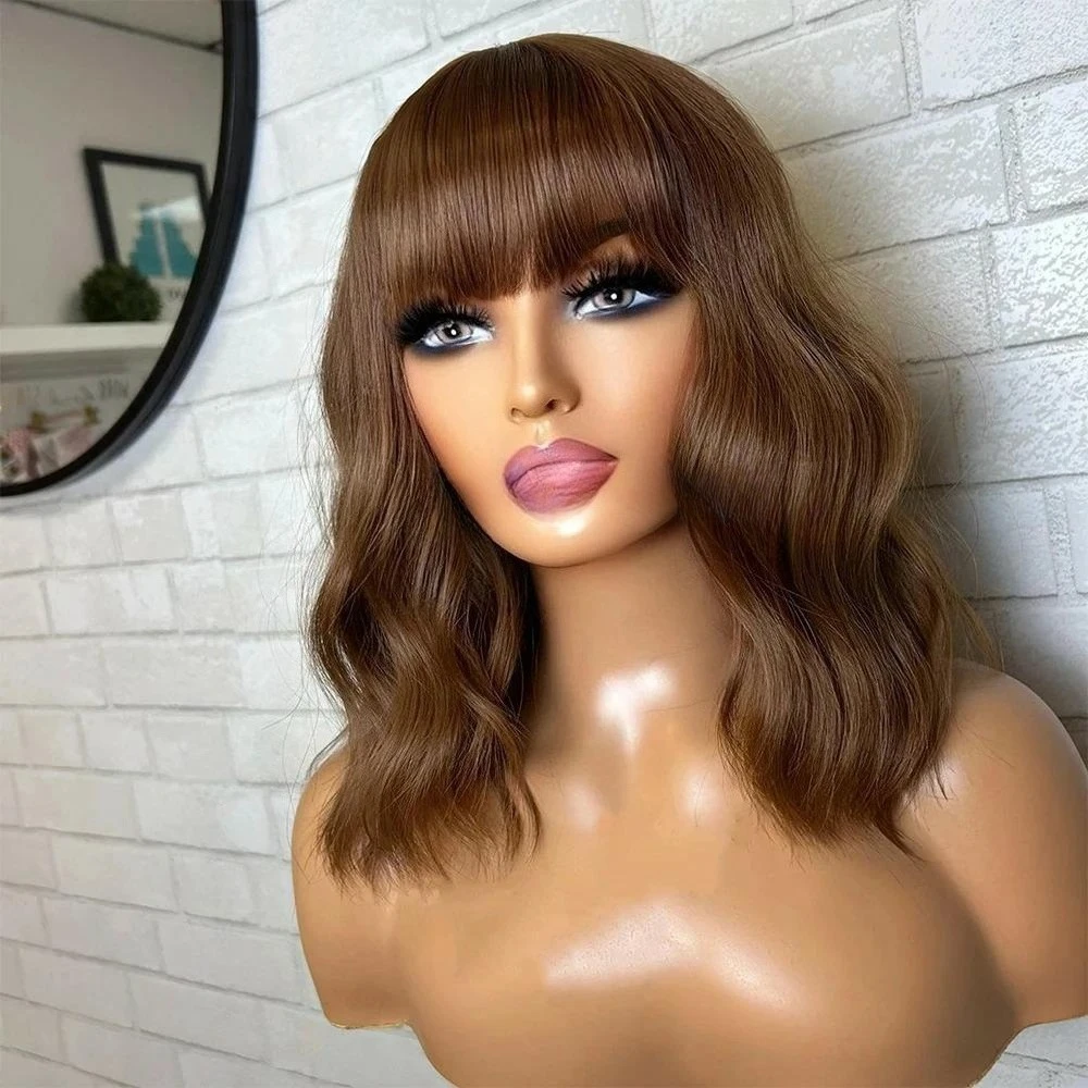 Chocolate Brown Short Bob Body Wave Lace Front Wig With Bangs 13x4 HD Pre Plucked Glueless Synthetic Daily Cosplay On Clearance