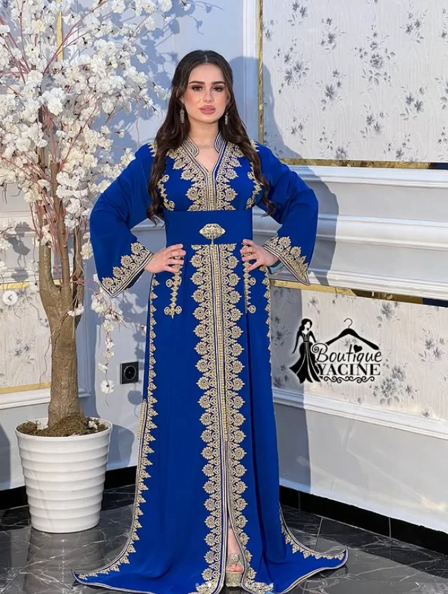 قفطان إسلامي كريب فساتين رسمية للحفلات الراقصة مزين بالدانتيل الذهبي وأكمام طويلة مخصصة للمناسبات المسائية قفطان مغربي