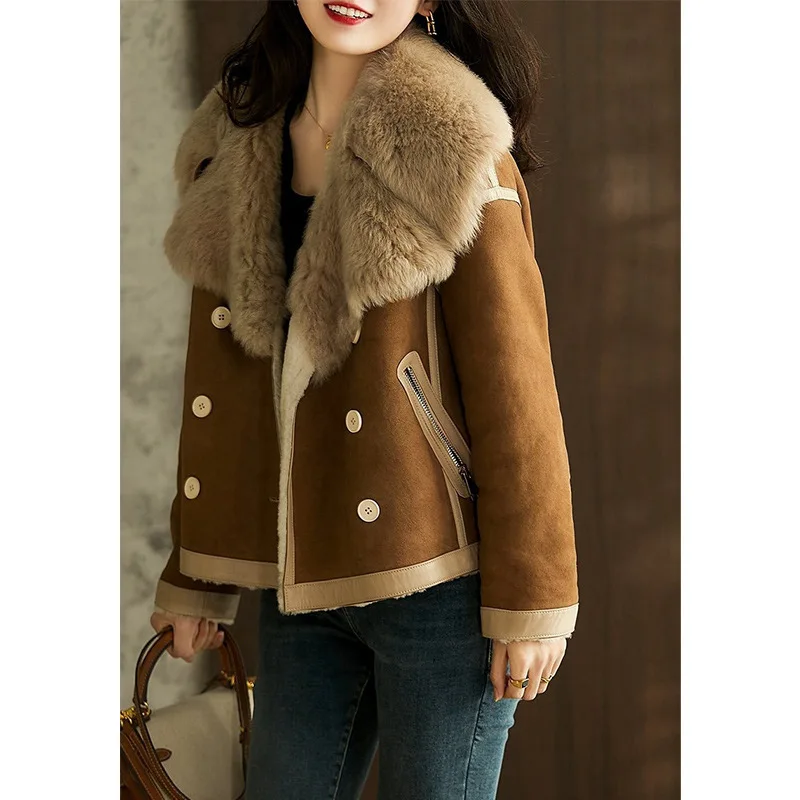 Design Sense: Large Lapel Fur Integrated Brown For Women's Autumn And Winter New 2024 High-End Warm Jacket Coat