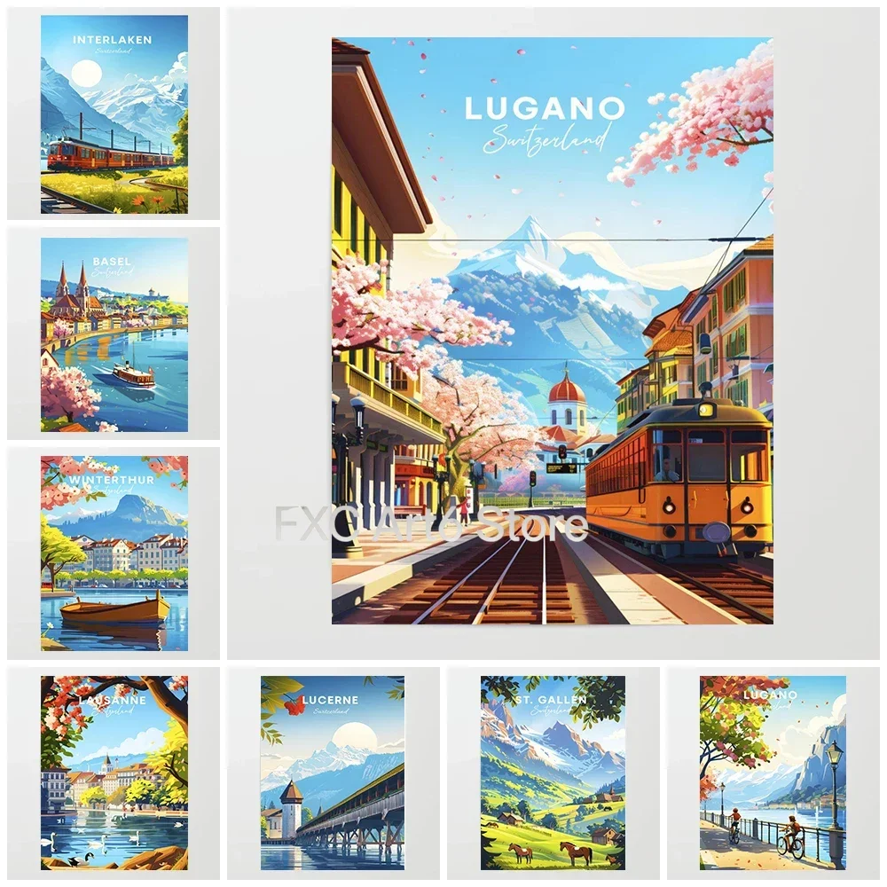 1PCS Frameless Switzerland Railway Travel Posters Lugano Swiss Train Modern Prints Canvas Painting Wall Art Pictures Home Living