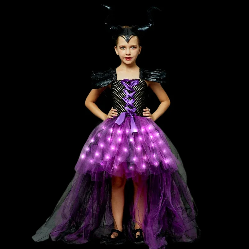 Halloween LED Light Up Costume Kids Maleficent Cosplay Dress Children Disguise Outfits Girls Witch Luxury Elegant Trailing Gown