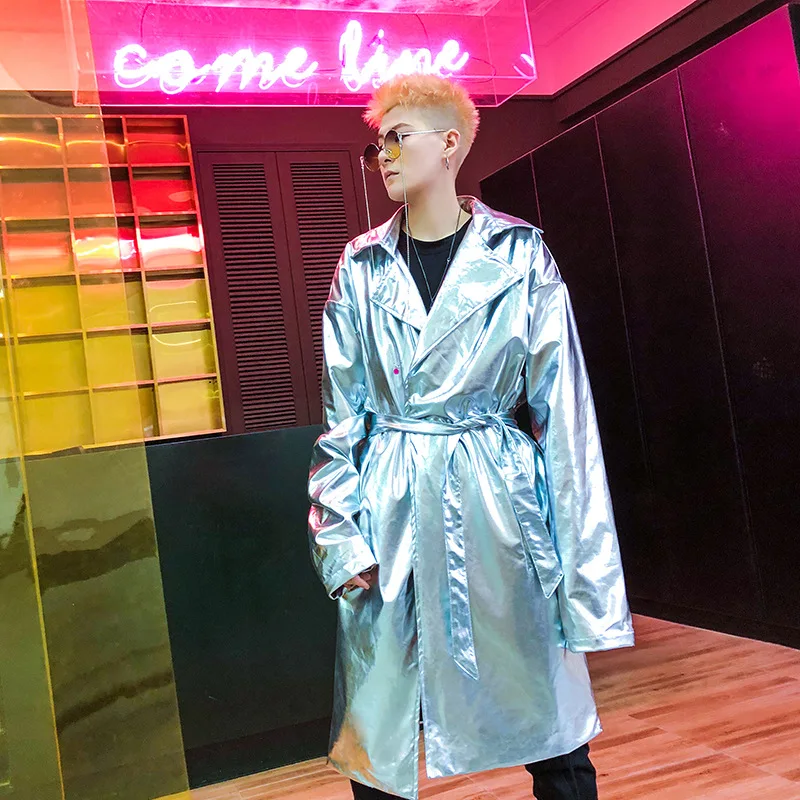 2023 Shiny Golden Silvery Punk Hip Hop Trench Coat Nightclub DJ