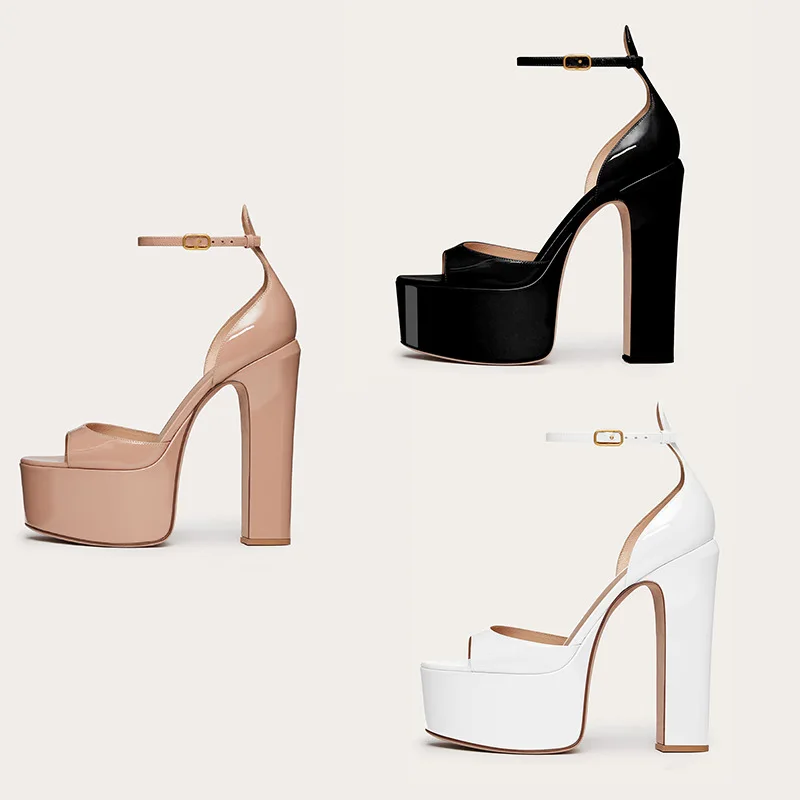 Women Sandals14CM Sexy Nude Platform High Heels Ankle Strap Sandals Fish Toe Gladiator Chunky Dress Woman White Black