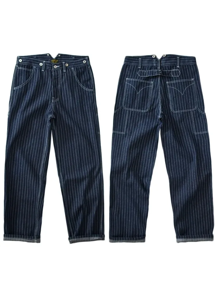 13.5oz Paris buckle Vintage Vertical Striped Raw Blue Denim Jeans Men Amekaji Wide Leg Loose Straight Bib Suit Pants Handsome