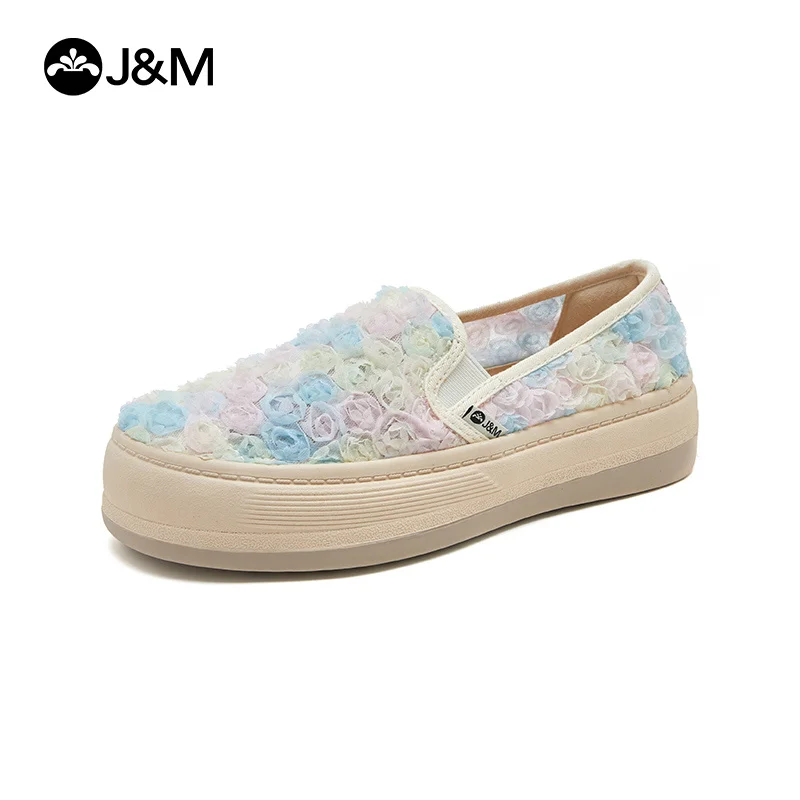 

J&M Women Loafers Fashion Chiffon Flower Summer Shoes 3.5cm Platforms Lady Slip-on Green Breathable Sneaker Walking Casual Shoes