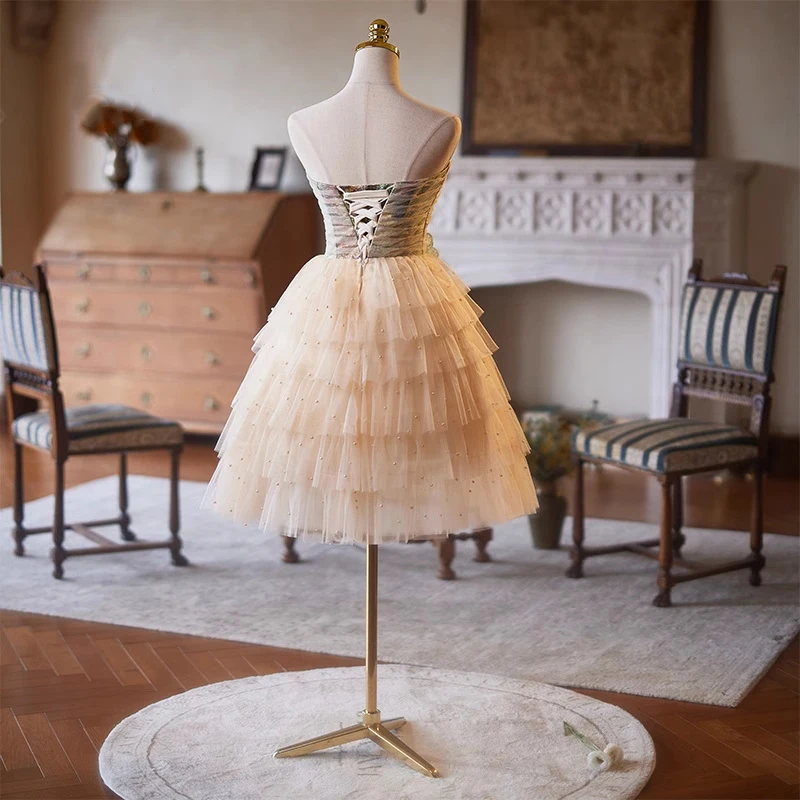 AnXin SH vintage princesa champanhe renda sem alças miçangas pérolas sem mangas rendas até vestido de noite personalizado pequeno vestido preto