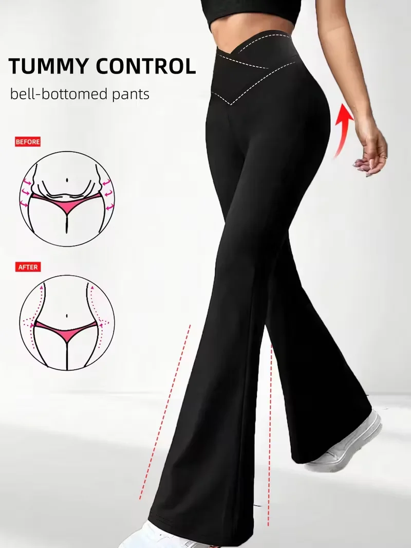 Stretchy Sports Flared Pants For Women Bootcut Wide Leg Sweatpants High Waist Soft Fitness Leggings Cross Waist Slimming Bottoms