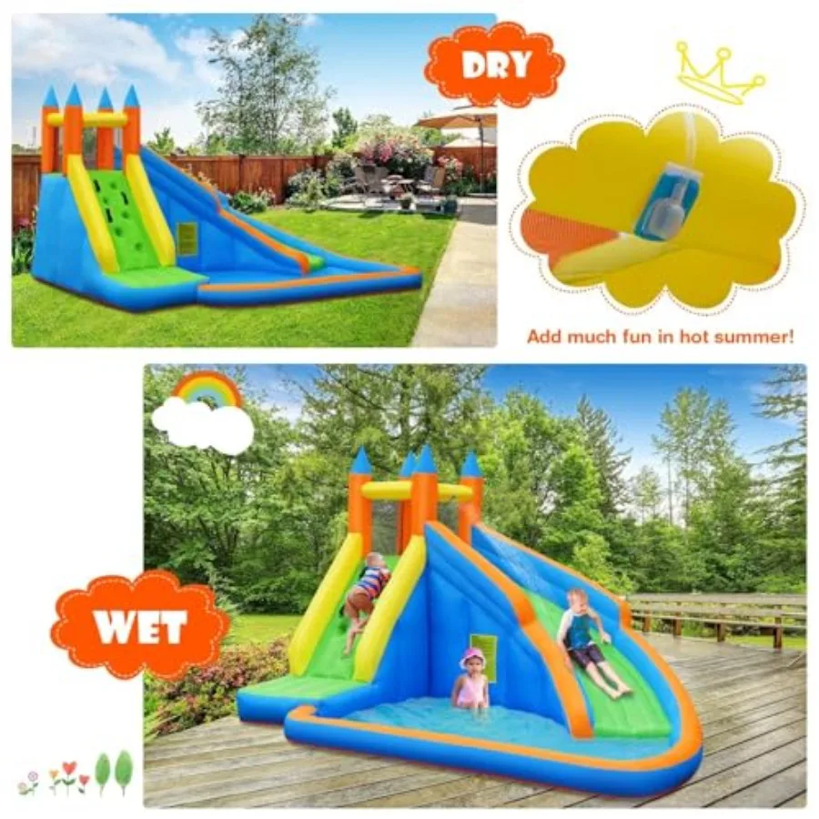 Inflatable Water Slide for backyard outdoor fun, PVC material, blue and yellow, includes climbing wall and splash pool, quick-i