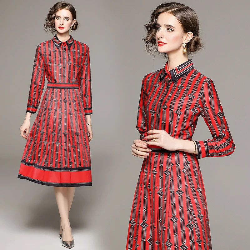 

Новинка Осень 2024, модное платье-поло в европейском и американском стиле с длинным рукавом и поясом на талии, Утягивающее и приталенное платье с принтом