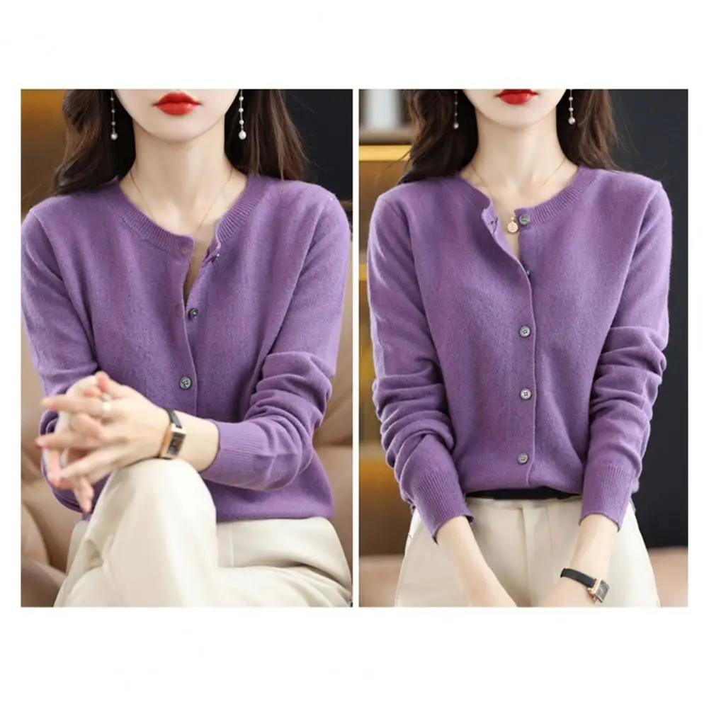 Langarm-Strickpullover für Damen, leichter Pullovermantel, eleganter Kaschmirpullovermantel mit Rundhalsausschnitt und Knopf für den Herbst