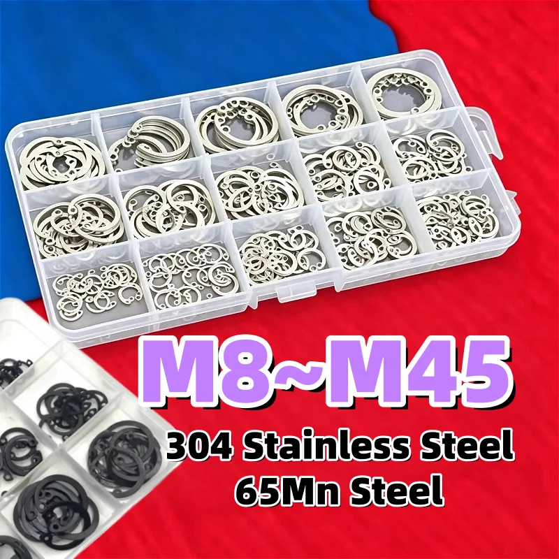 M8 M9 M10 M11~M45 304 Stainless Steel Black 65Mn Steel Assortment Kit Set C Type Internal Circlip Retaining Hole Clip Snap Ring