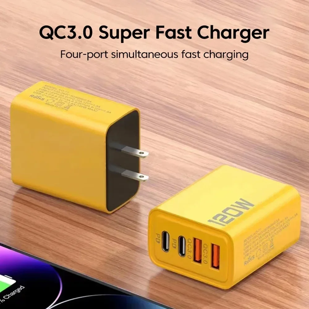 Chargeur USB 120W à Charge Rapide QC 3.0 Type C 4 Ports, Adaptateur de Chargeur de Téléphone Portable pour Xiaomi 12 13 14 15 Pro Max Huawei Iphone