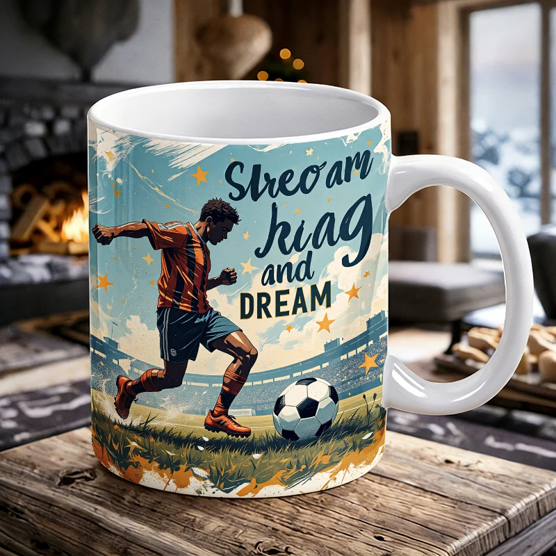 Run Hard And Dream Big Soccer Coffee Mug, Sunny Stadium Football Player Ceramic Cup, 11oz Youth Inspirational Sport Daily Mug