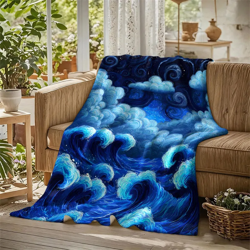 Starry Night Waves Van Gogh Flannel Blanket Perfect for Sofa Office Bed Travel Sleep Read Relax Camping Four Season Use