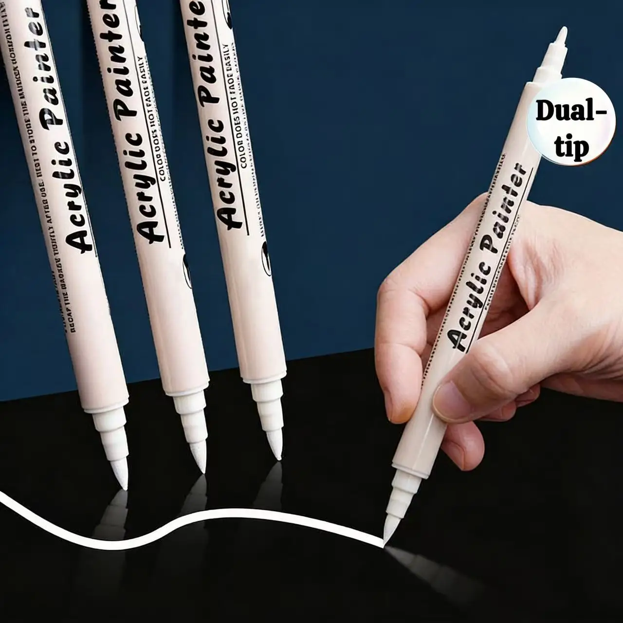 5Pcs White Acrylic Paint Pen Dual Tip Brush & Fine Point Waterproof Quick Dry for Stone Glass Canvas Art