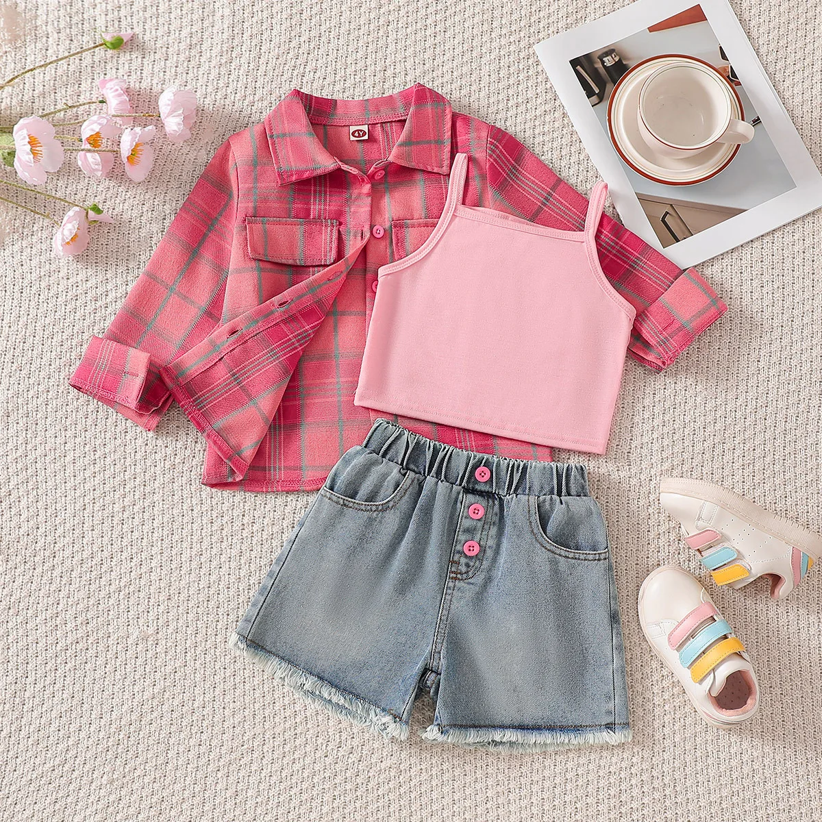 New Arrival Girls' 3-Piece Set: Turn-Down Collar Plaid Shirt + Camisole Top + Heavy-Duty Washed Frayed Jeans for 90-140cm