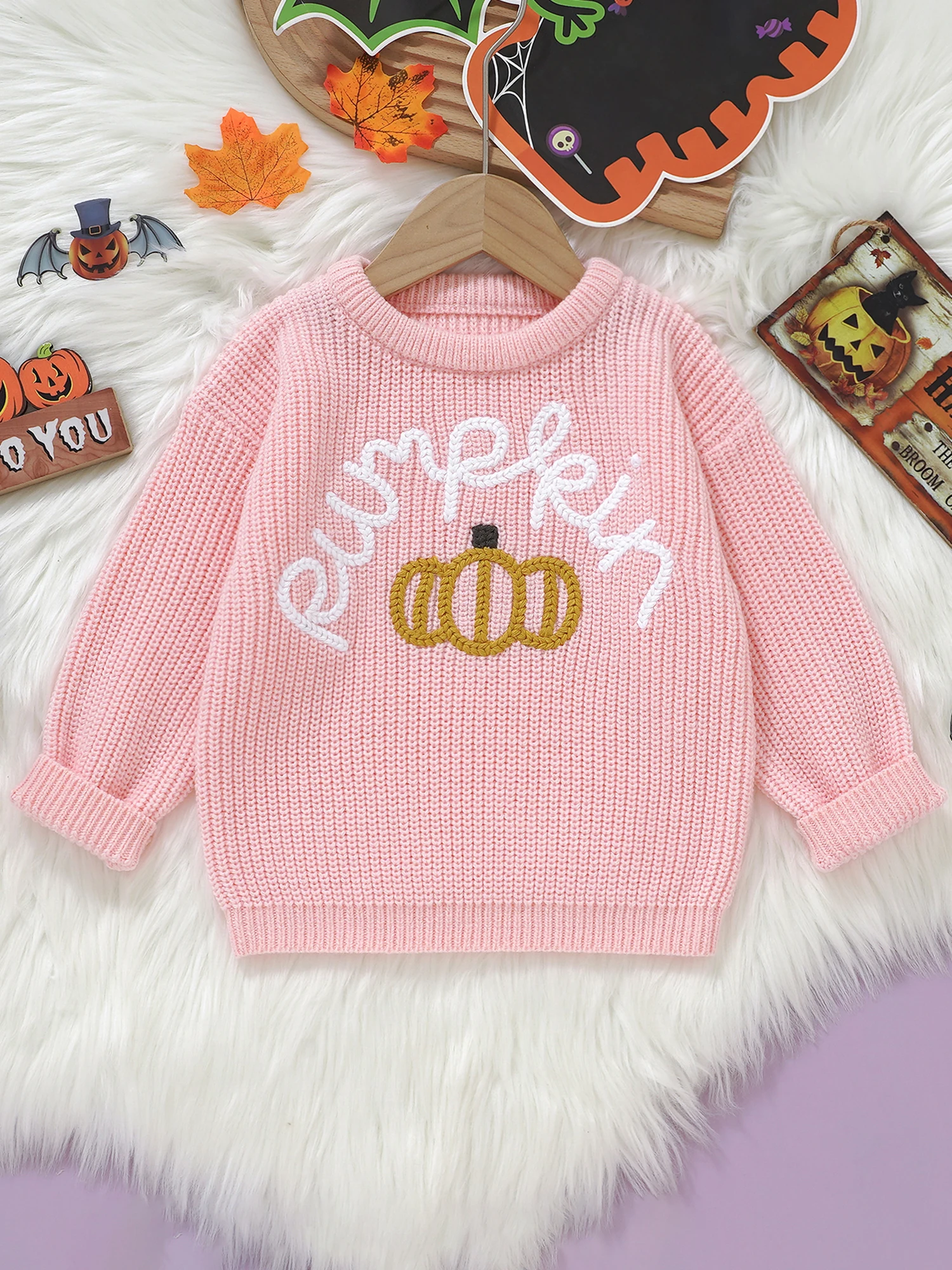 

Adorable Baby Boy Halloween Sweater Ghost Face Pattern Ribbed Crew Neck Long Sleeve Knitted Tops for Autumn Festivities