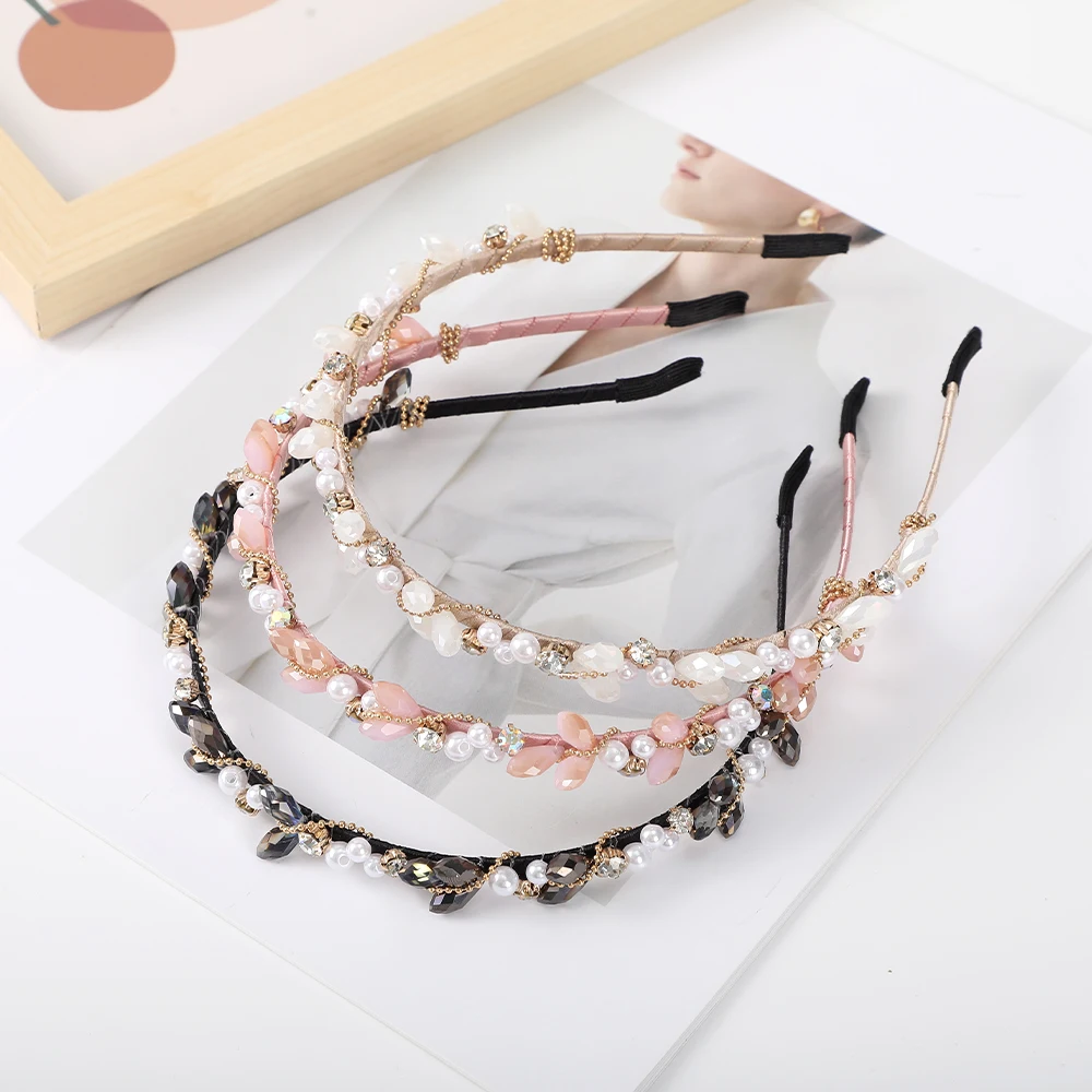 AWAYTR Crystal Leaves Women\'s Hairband Pearl Decorated Hair Bands Alloy Hoop Braided Headband For Adult Girls Headwear