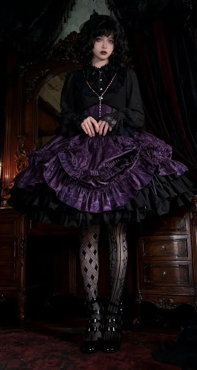 Coalfell Gothic Lolita Halloween Daily Niche High Waist Skirt Women Subculture Vintage Ruffles Patchwork Purple Black Goth Skirt