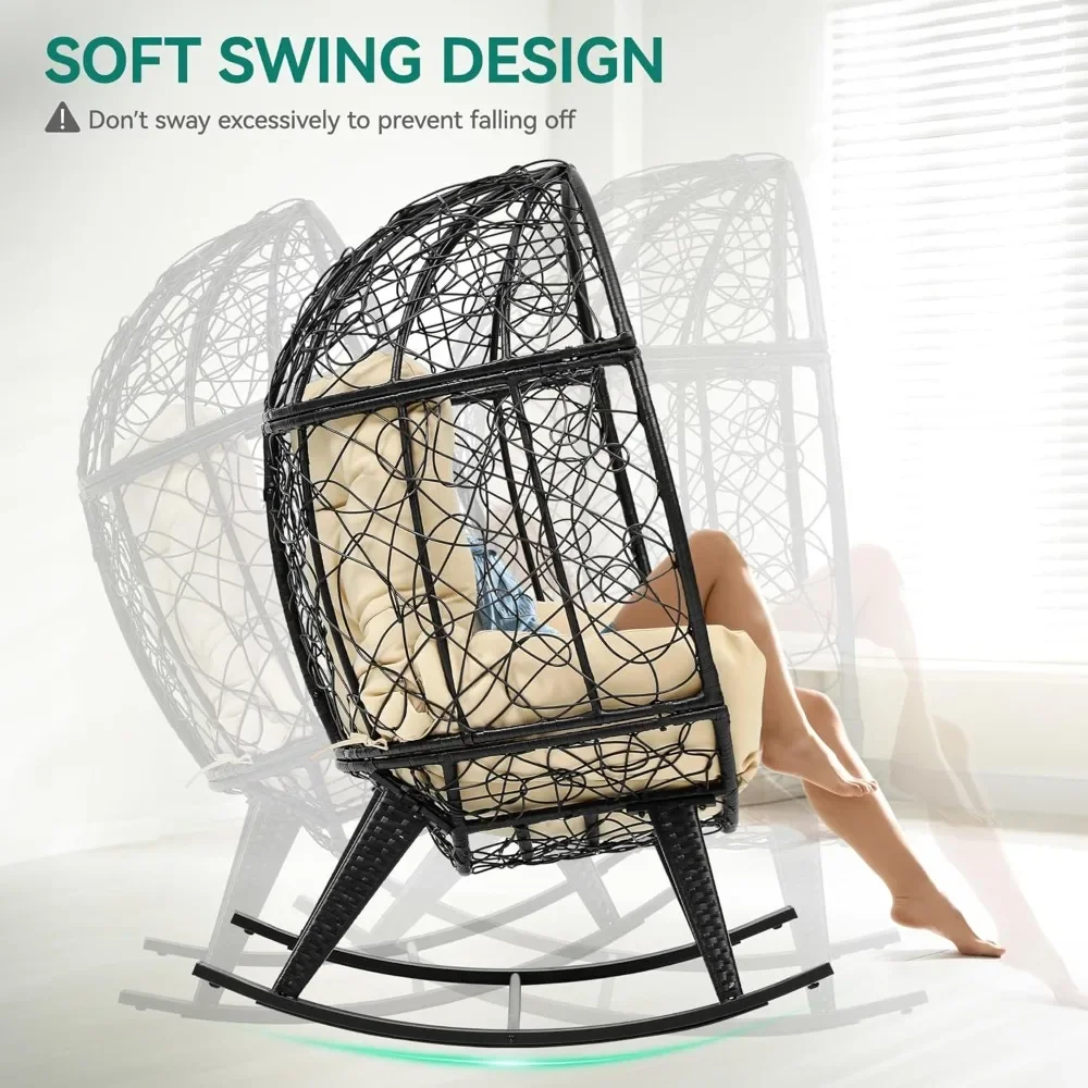 كرسي هزاز على شكل بيضة في الهواء الطلق مع راحة مبطنة، سعة Wicker Patio Rocker سعة 250 رطل، مضاد للانزلاق، Rattan D مرن لجميع الأحوال الجوية