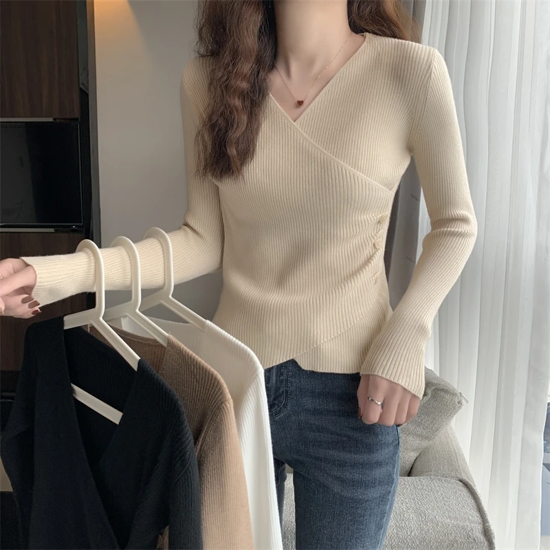 2022 Autumn Winter Women Sweater Knitted Pullovers V-neck Slim Fit Bottoming Solid Soft Knitwear Jumpers Basic Sweaters Woman