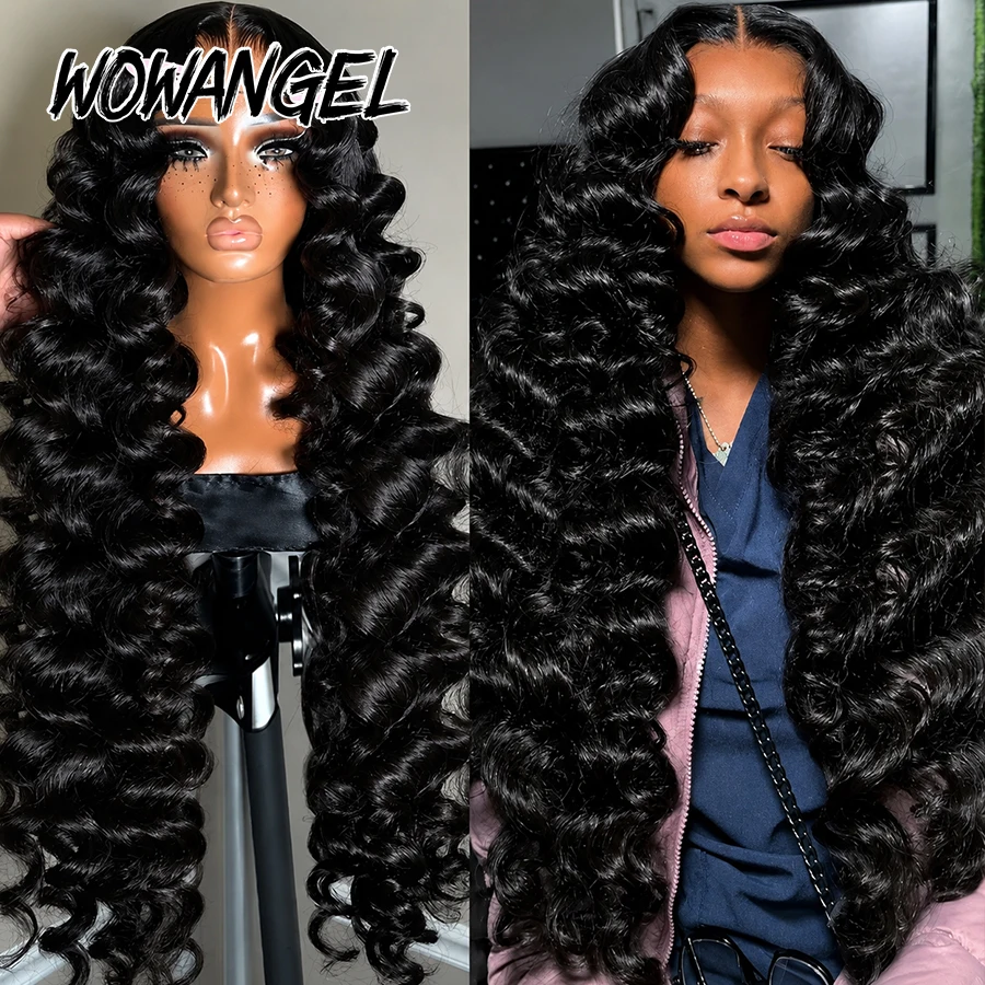 WOWANGEL Jet Black Loose Wave 13x6 HD Lace Front Wig Human Hair Glueless Pre Plucked Natural Hairline Baby Hair Long Wavy Wig