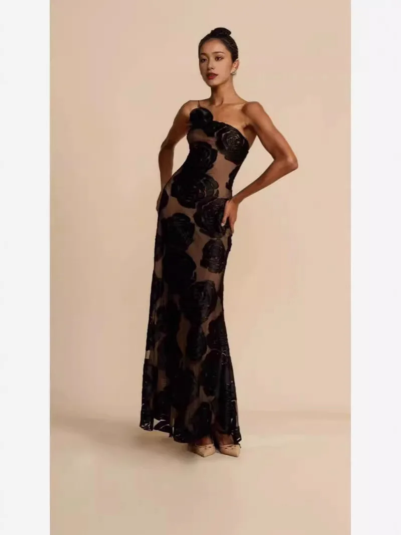 Jupe longue tricotée Sexy à épaules inclinées, bretelles florales, taille haute, pour l'été, tissu Polyester de rue