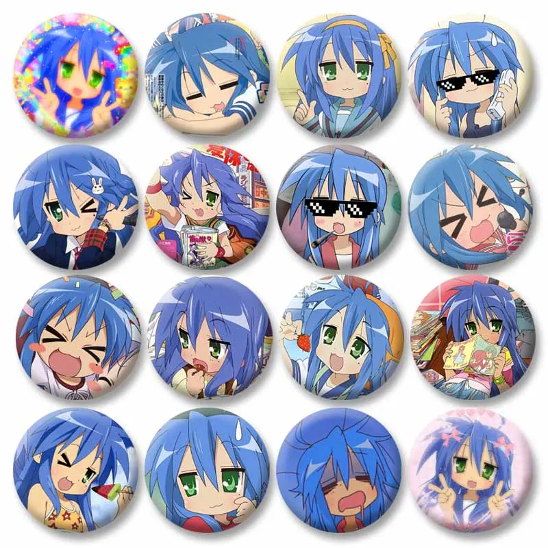 Funny Cute Cartoon Figure Izumi Konata Badge Tinplate Anime Lucky Star Button Pins Customizable Brooches for Bag Clothes Gifts