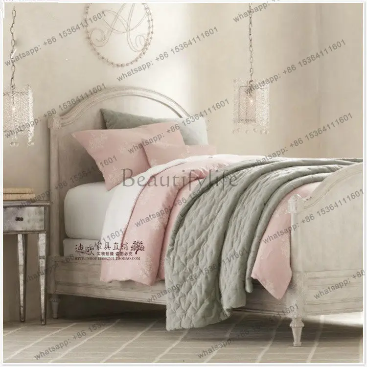 White old oak carved bed American country villa solid wood simple princess bed