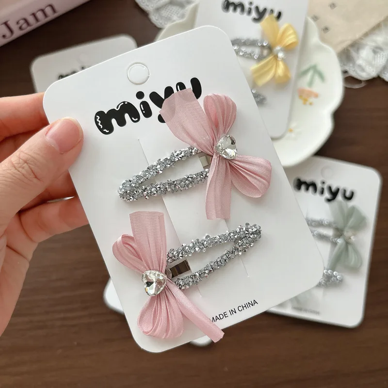 Sweet Rhinestone Bow BB Hair Clips Elegant Gentle Teardrop Side Barrettes Girls Bangs Broken Hair Daily Fashion Head Accessories
