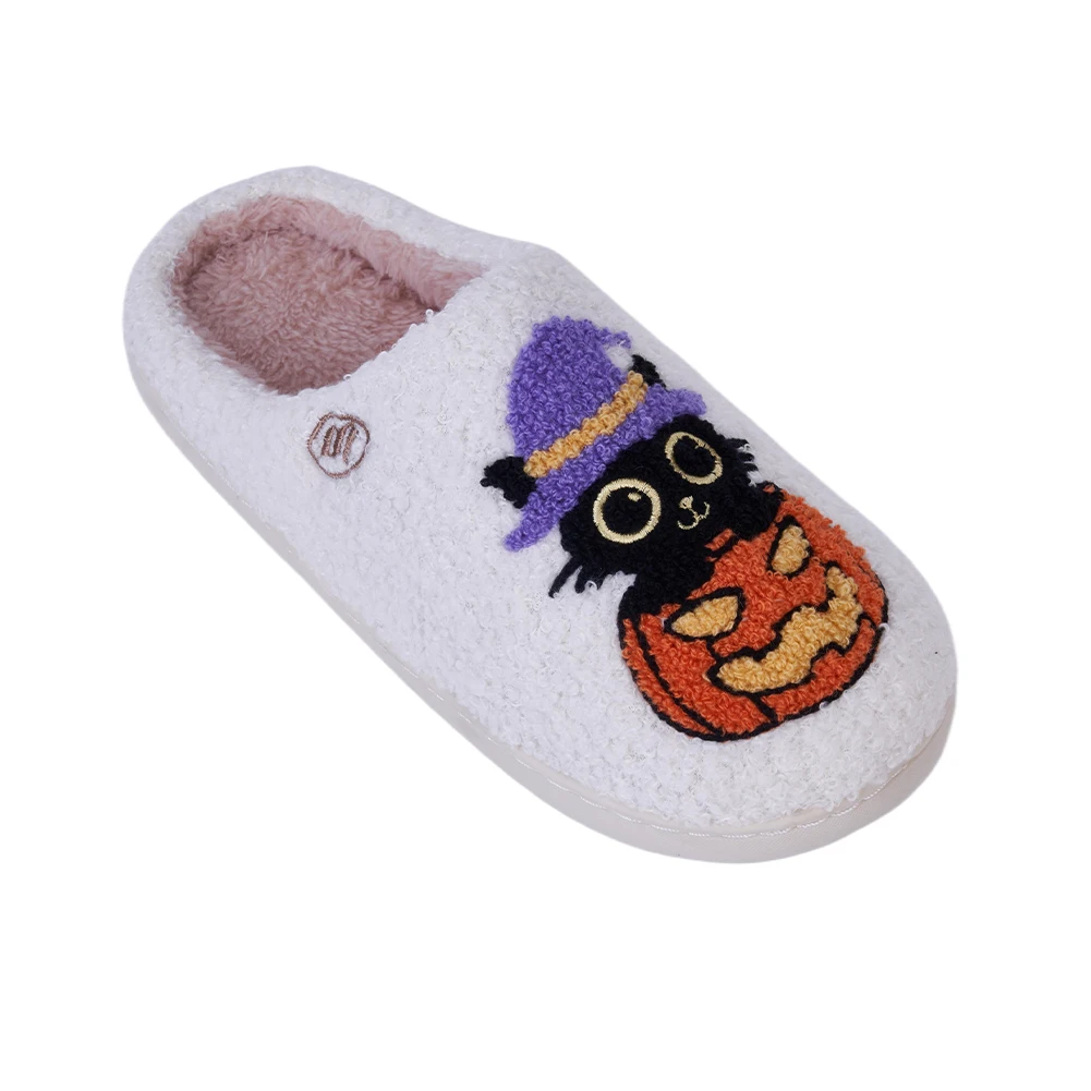 Теплая домашняя обувь без шнуровки с черным котом и тыквой, удобные термотапочки для пар, нескользящие мягкие меховые тапочки для домашней спальни