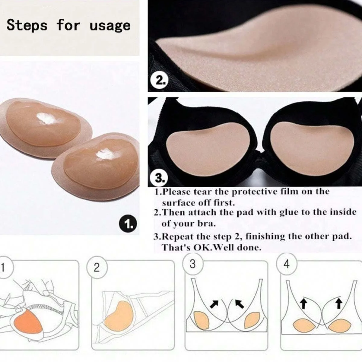 1 Pair Bra Pads Inserts Sticky Bra Push Up, Silicone Adhesive Breast Lift Waterproof Padding for Women Sports Swimsuits Bikini