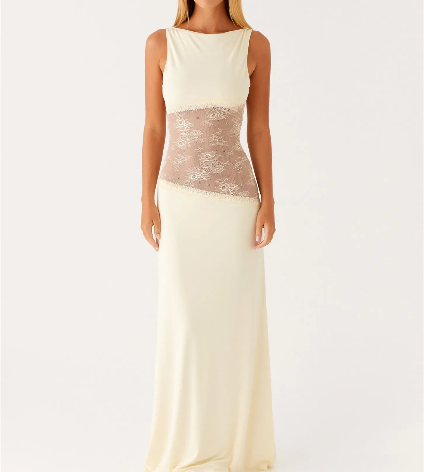 Dames Bodycon Maxi-jurk Kant Patchwork Mouwloos Ruglooze Lange Kokerjurk Y2K Slim Fit Club Party Trouwjurken