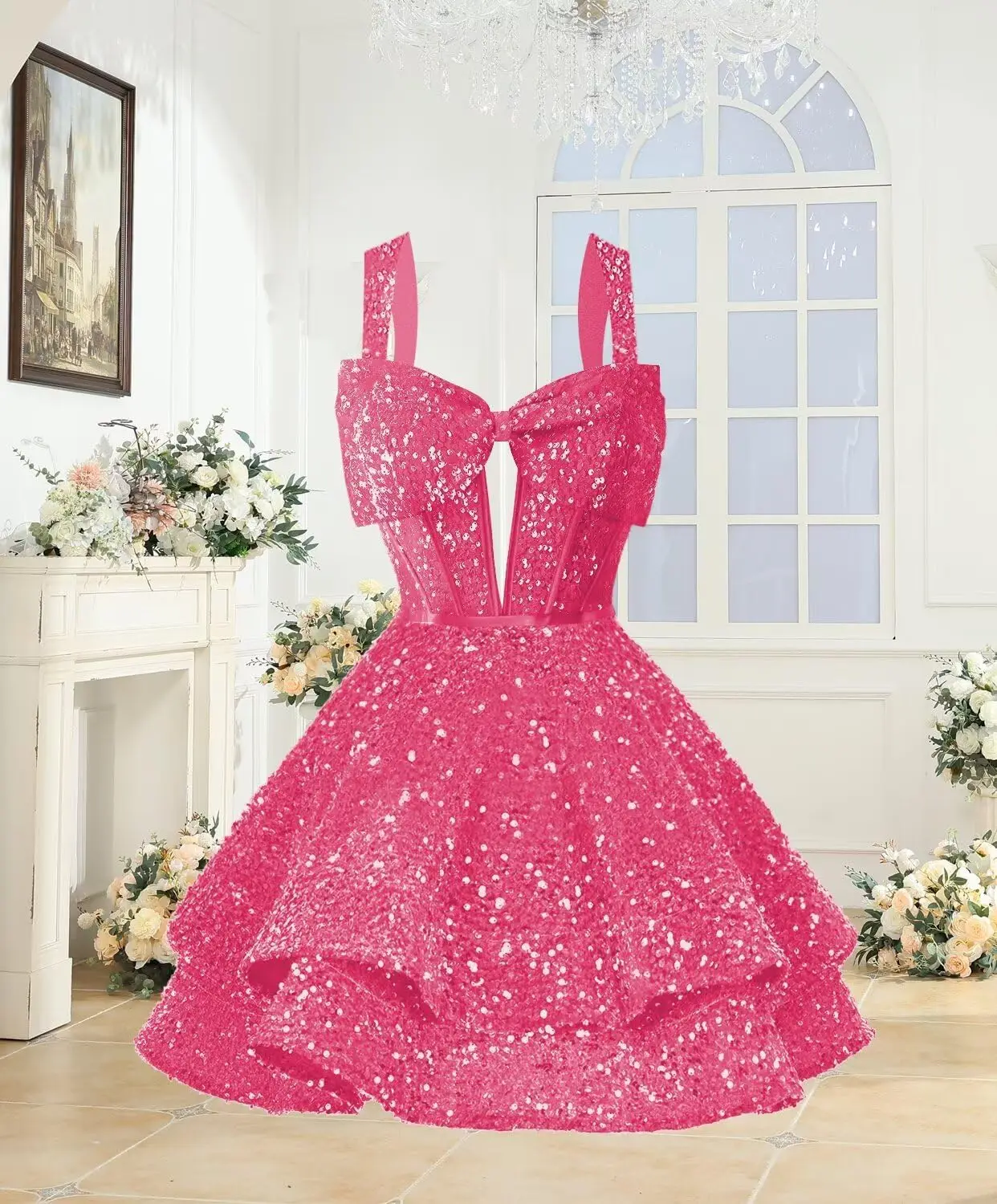 Sparkly Sequin Bow Homecoming Dresses for Teens Spaghetti Straps Mini Prom Cocktail Dress Graduation Dress Evening Dresses